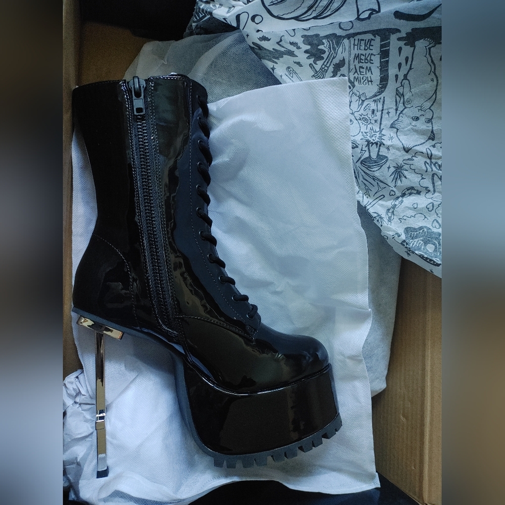 "Under Oath" Patent cross heel ankle boots